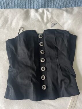 Reformation Black Strapless Corset Top with Rhinestone Buttons